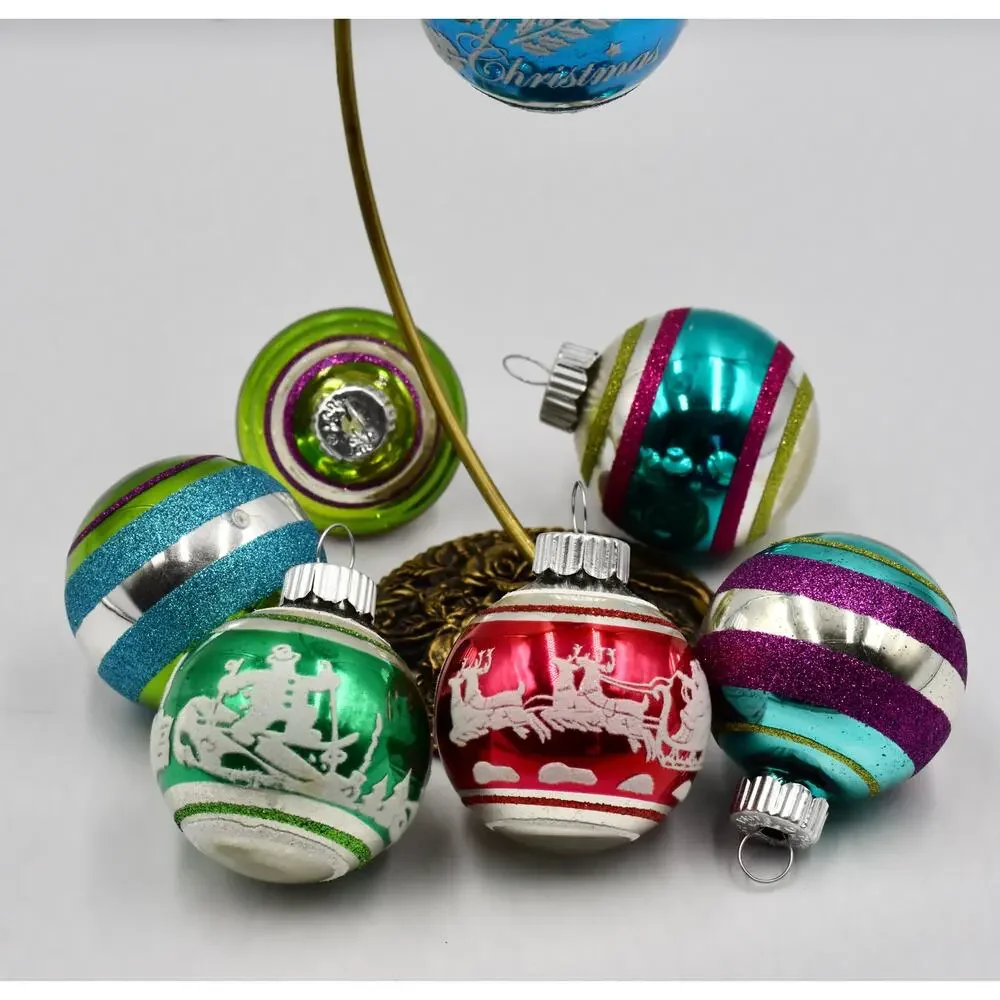 Radko Shiny Brite Flocked Stencil Glass Ball Christmas Tree Ornament Set